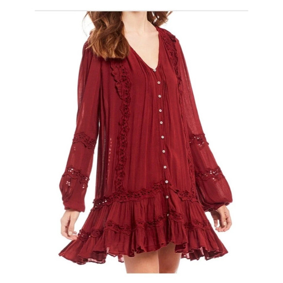 Free People Snow Angel Mini Dress XS Burgundy Feminine Boho Romantic Ethereal - Picture 3 of 15